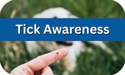 Photo link to Tick Awareness page featuring an image of a finger with a tick on it